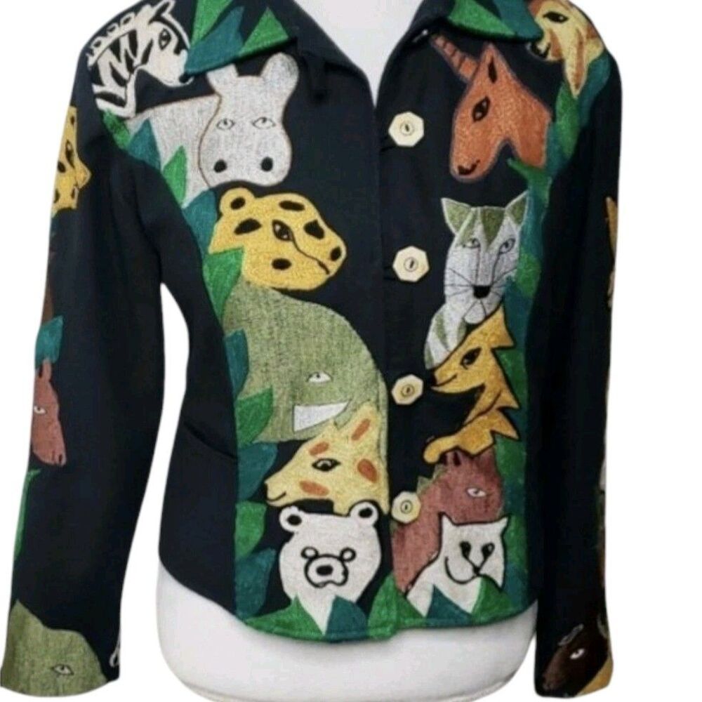 Anage 90s safari embroidered  Animal Art to Wear Artsy women blazer  SZ Medium